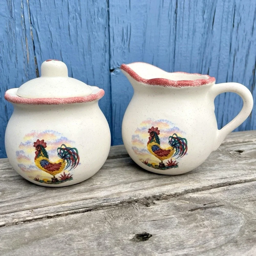 Vintage Rooster Creamer & Sugar Bowl Set Country Farmhouse Noel Pie Plate USA